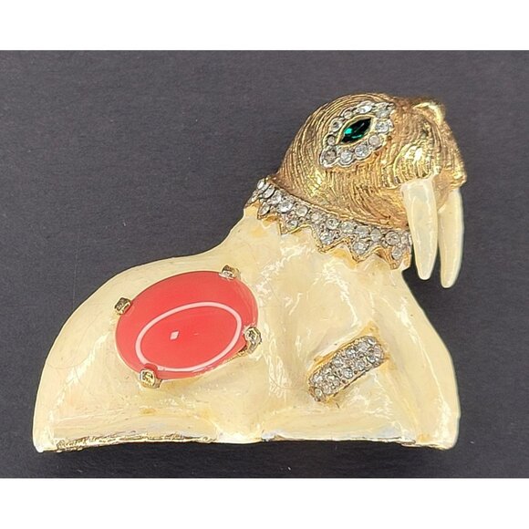 Kenneth Jay Lane Jewelry - RARE VTG KJL Kenneth Jay Lane Enamel, Rhinestone & Faux Coral Walrus Brooch READ